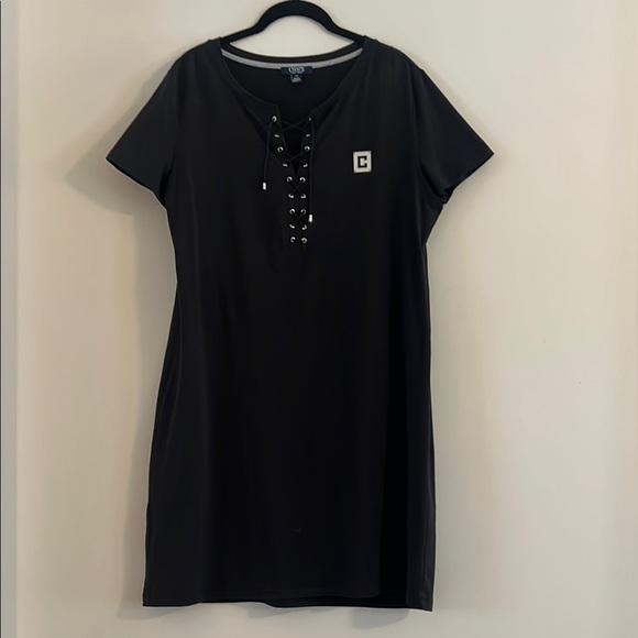 Chaps Black Shift Dress Lace-Up Neckline Logo Detail Size L - Picture 1 of 8